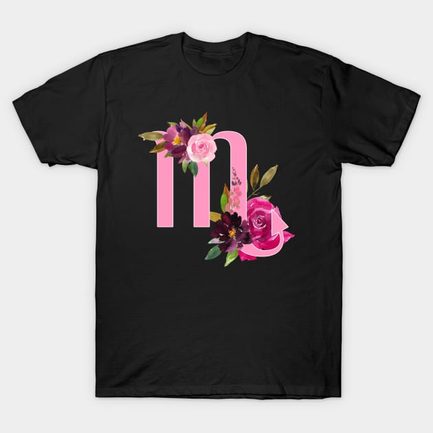 Scorpio Horoscope Zodiac Pink Flower Design T-Shirt by bumblefuzzies